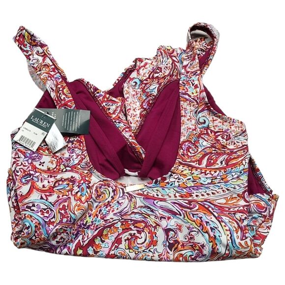 NEW Slimming Lauren Ralph Lauren One Piece Sz 14 Women's Swimsuit Paisley Ruffle - Picture 7 of 11